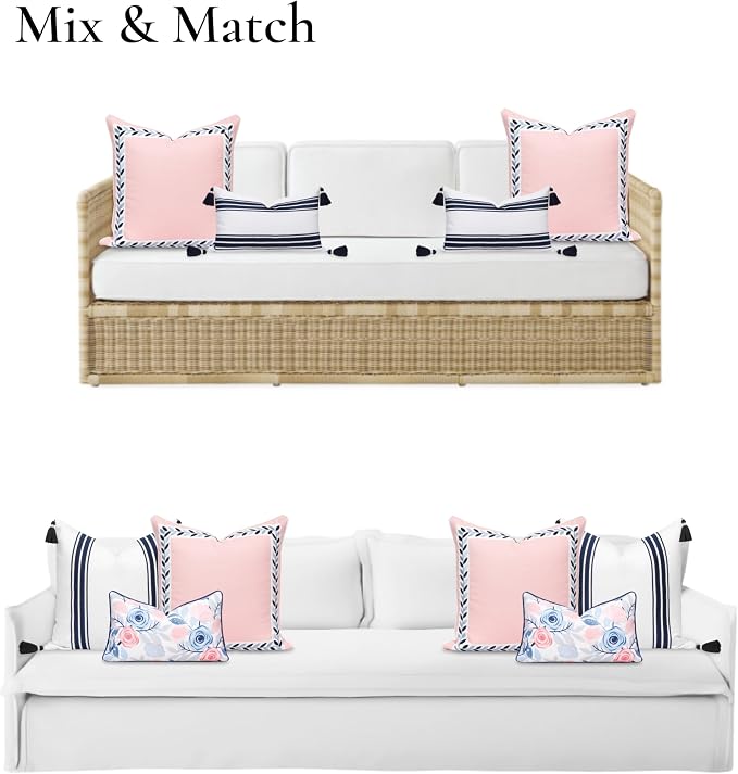 Hofdeco Premium Coastal Patio Indoor Outdoor Throw Pillow Cover Only, 20"x20" Water Repellent for Backyard, Couch, Blush Pink Embroidered Frame Leafs with Piping