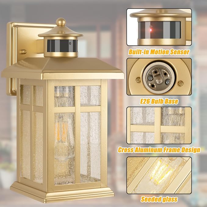 Exterior Motion Wall Sconce, 2 Pack Outdoor Light Fixture Wall Mount Gold | Hardwired Exterior Light Sconces with E26 Sockets & Tempered Glass, Wall Mounted Black Waterproof Outdoor Lights for House