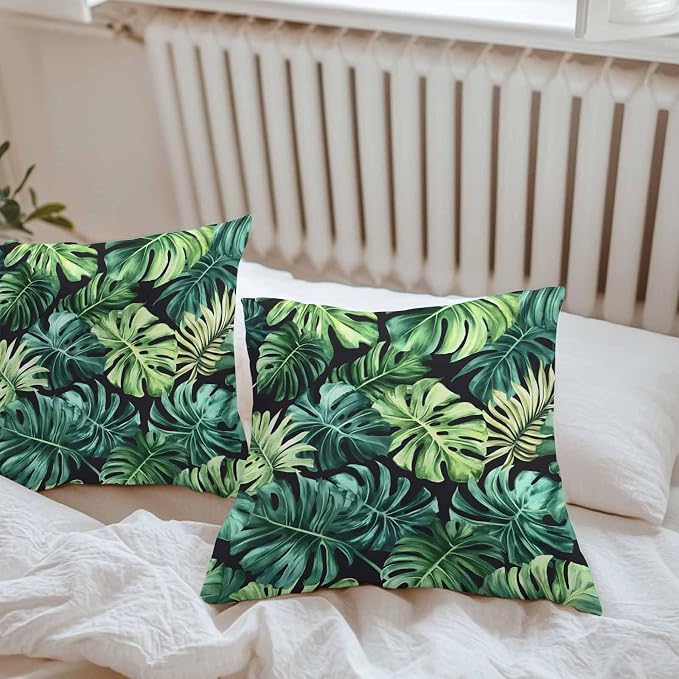 Palm Leaf Waterproof Outdoor Pillow Covers Set of 2 Home Decor, Green Tropical Plant Summer Nature Scenery Pillowcase Patio Pillow Covers for Couch Bench Furniture Garden 26x26in