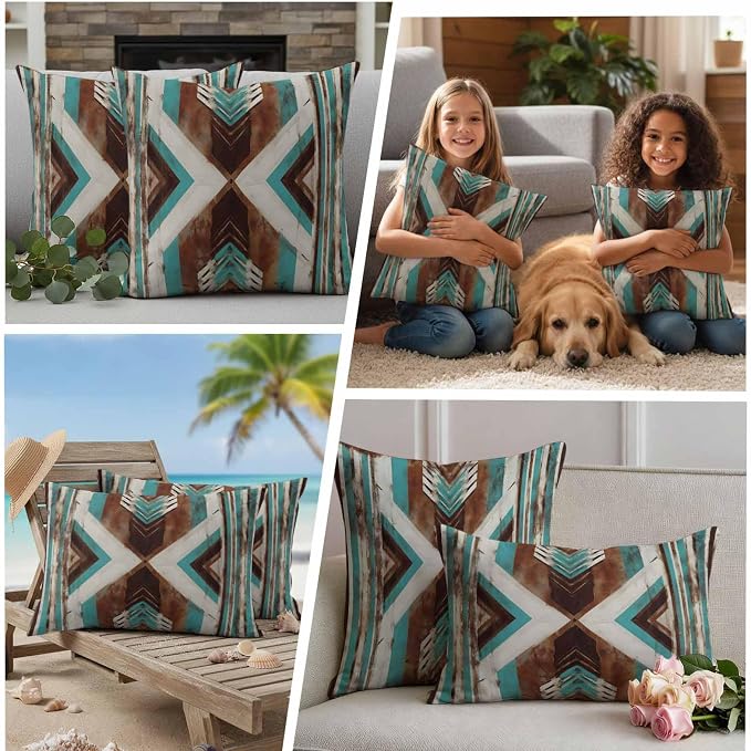 Aztec Southwestern Outdoor Pillow Covers 20"x12" Set of 2, Vintage Abstract Brown Turquoise Diamond Waterproof Throw Pillow Covers for Patio Furniture, Decorative Cushion Covers for Porch