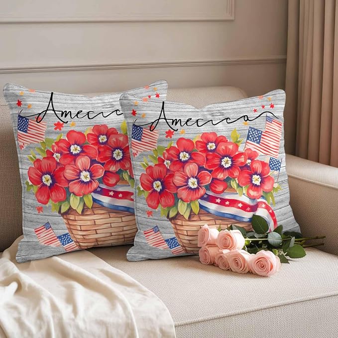 4th of July Floral Waterproof Outdoor Pillow Covers Set of 2 Home Decor, Patriotic Star Stripe Flag Grey Wood Pillowcase Patio Pillow Covers for Couch Bench Furniture Garden 20x20in
