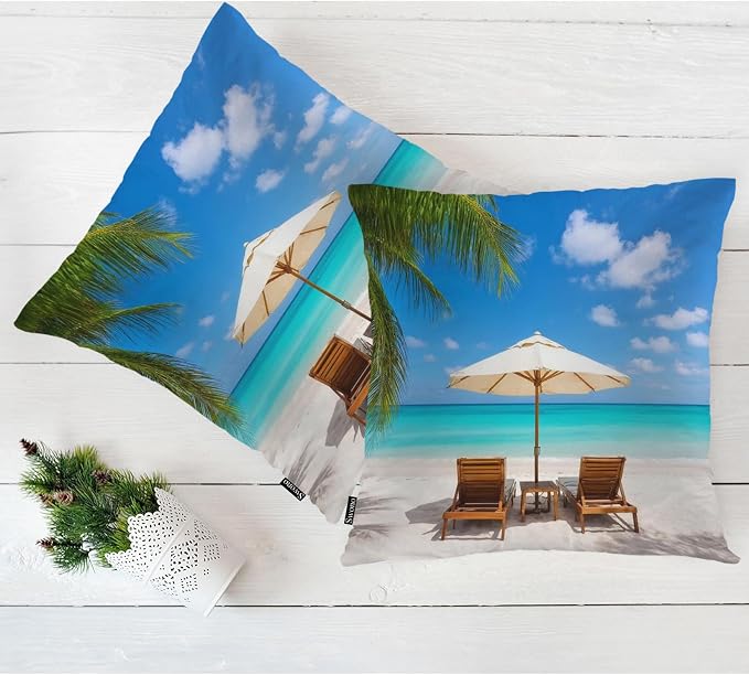 Swono Set of 2 Decorative Throw Pillow Covers Turquoise Sea, Tropical Ocean Beach Chair Palms Farmhouse Pillowcases Accent Pillow Cushion Cover for Couch Sofa Bed Office Armchair 18 X 18 Inch