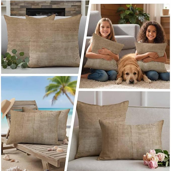 Vandarllin Outdoor Throw Pillows Covers 20x20 inch Set of 2 Waterproof Beige Linen Decorative Zippered Cushion Covers for Patio Furniture, Solid Color Texture Lumbar Pillowcases