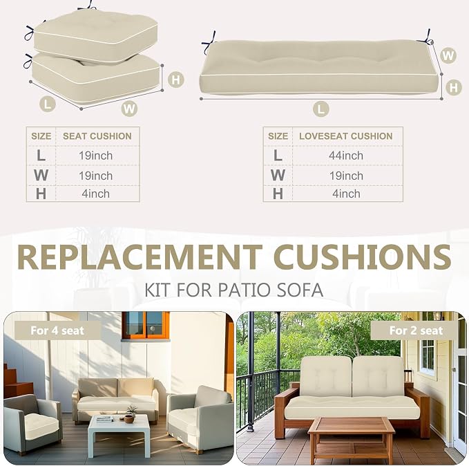 Wenqik 44 x 19 x 4 Inch Outdoor Bench Cushion Set of 3 Waterproof Tufted 1 Patio Loveseat Cushions and 2 Square Chair Seat Pad for Outdoor Furniture Couch Swing Sofa Wicker Settee(Beige)