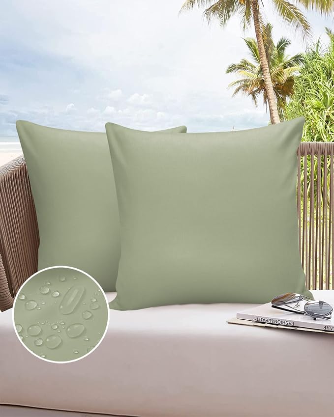 Outdoor Waterproof Pillow Covers for Patio Furniture Sage Green Decorative Throw Pillow Cover Spring Green Solid Color Pillowcases Set of 2 Cushion Case for Sofa Couch Chair Home Decor 16x16 inch