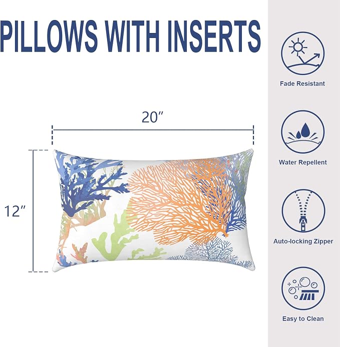 Outdoor Lumbar Pillows, Water Repellent Cushion Pillows 12x20 Inch, Outdoor Pillows with Inserts for Home Garden, Pack of 2, Coral Multi
