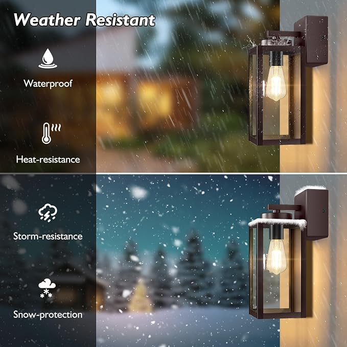 BesLowe Porch Lights with Outlet, Brown Modern Outdoor Wall Light Fixtures | UL-Listed Extra Power Socket, Waterproof, Rust-Resistant, Durable Metal with Clear Glass, Easy to Install