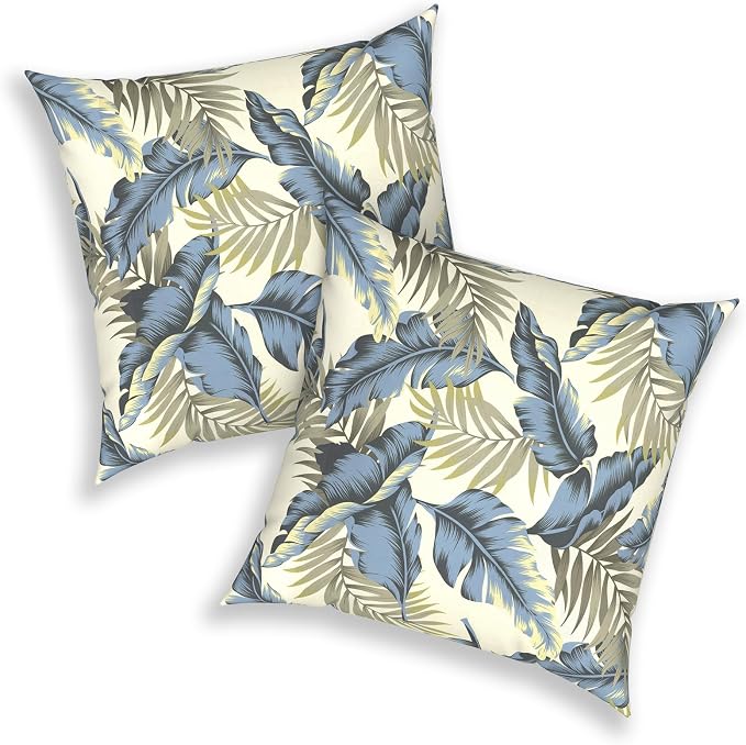 20x20 Inch Pack of 2 Patio Throw Pillow Covers ONLY, Water Repellent Cushion Cases, Square Pillowcases for Outdoor Couch Decoration, ‌Lush Palm Blue