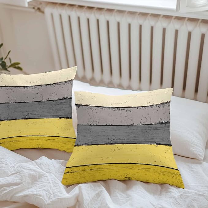 Outdoor Throw Pillow Covers 26X26 Set of 2 Waterproof Ombre Lemon Yellow and Gray Decorative Zippered Cushion Covers for Patio Furniture, Farmhouse Retro Rustic Barn Wood Texture Lumbar Pillowcases