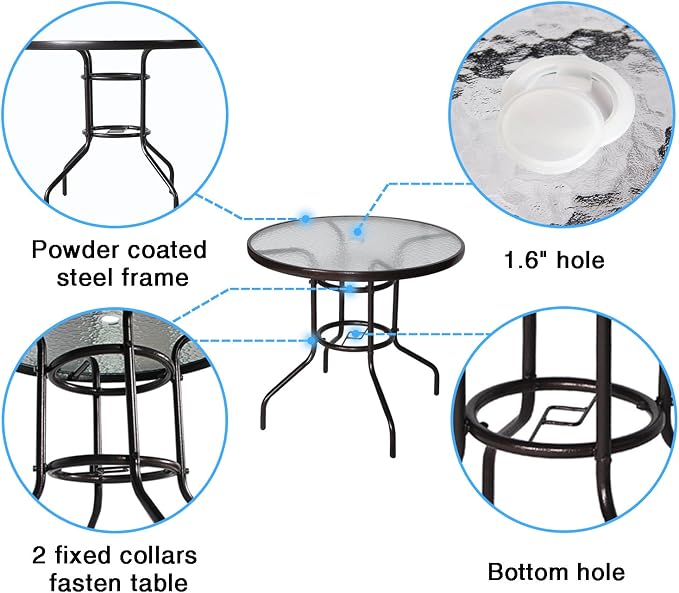 Cloud Mountain 32" Outdoor Dining Table Patio Tempered Glass Table Patio Bistro Table Top Umbrella Stand Round Table Deck Garden Home Furniture Table, Dark Chocolate