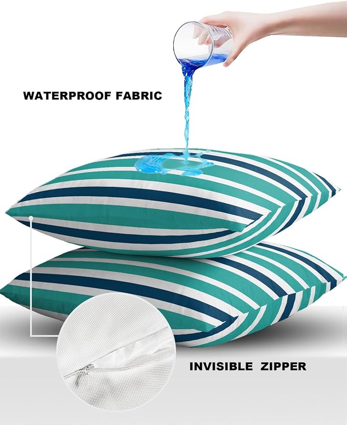 Outdoor Waterproof Throw Pillow Covers Set of 2 Navy Blue Turquoise Stripes Decorative Outdoor Pillows Cushion Case 16x16 Inch Teal Striped Patio Pillows for Couch Sofa Bed Garden Office Home Decor