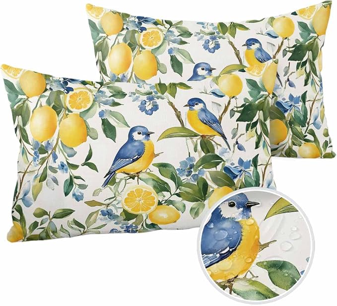 Outdoor Throw Pillow Covers Waterproof Pillow Cases 20x12In, Watercolor Lemon Bird Decorative Pillow Covers Cushion Cases for Couch Sofa Patio Garden,2 Pack Vintage Spring Blue Flower Foliage