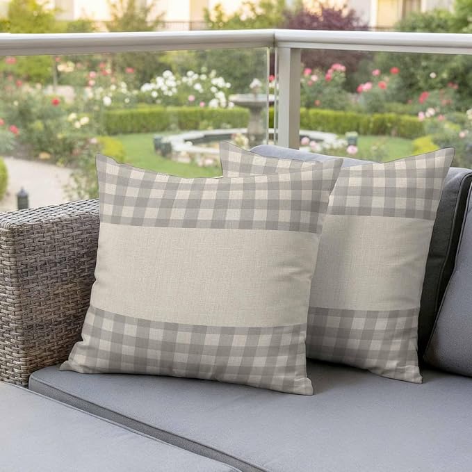 Retro Grey Outdoor Waterproof Pillow Covers, Farmhouse Buffalo Plaid Vintage Beige Decorative Square Throw Pillowcase Sofa Cushion Sham for Patio/Couch/Chair, 16"x16" 2 Pack