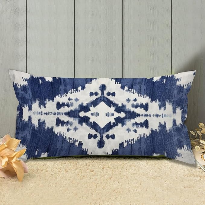 Set of 2 Navy Blue Grey and Beige Ikat Pattern Print Cushion Cover Case with Zipper 12x24in Canvas Pillow Cover Rectangle Pillow Case for Couch Bed Car Pub Coffee Bar Living Room Decoration