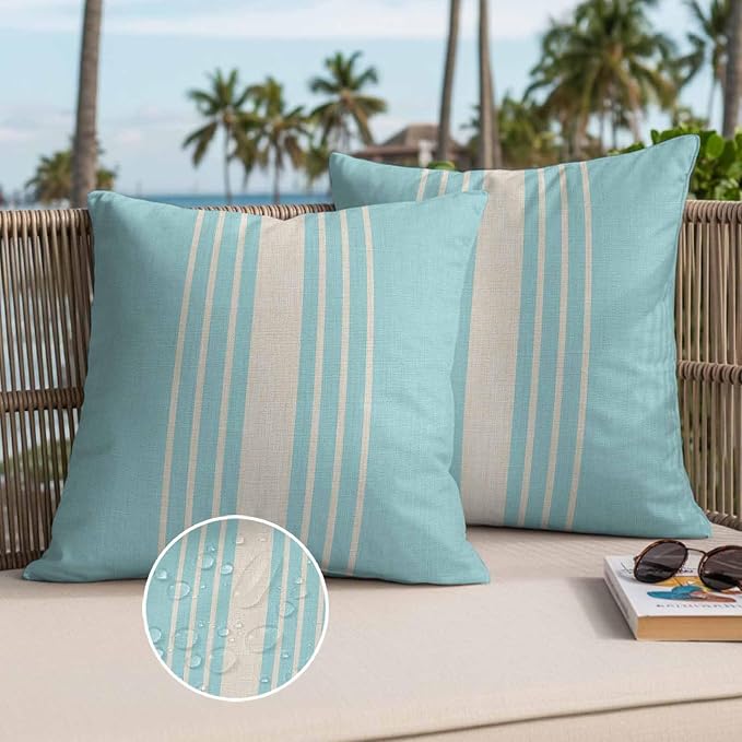 Throw Pillow Covers 26x26 Inch Set of 2, Aqua Beige Striped Waterproof Outdoor Cushion Covers, Modern Farmhouse Retro Lines Decorative Pillowcases for Couch, Sofa, Bed, Garden, Patio