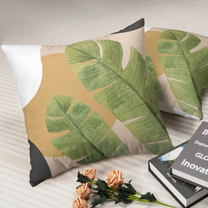 Green Leaves Tropical Throw Pillow Covers Summer Palm Tree Couch Covers 20x20 Jungle Plant Banana Leaf Living Room Decor Decorative Pillow Covers in 2 Pcs for Sofa Chair