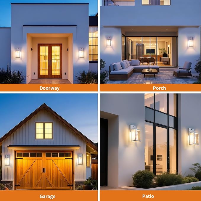 2 Pack White Dusk to Dawn Front Porch Lighting Fixtures Wall Mount, Sensor Outside Exterior Lights for House, Outdoor Lantern Lamp, Waterproof Wall Sconce Lights, Coach Light for Garage Entryway