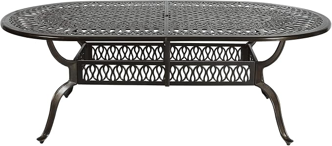 VIVIJASON Large Patio Dining Table, Outdoor Oval Dining Table Fits for 6-8 Person, Bronze Cast Aluminum Rustic Patio Table with Umbrella Hole for Balcony, Porch and Deck
