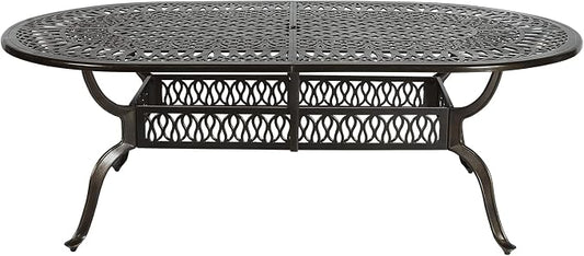 VIVIJASON Large Patio Dining Table, Outdoor Oval Dining Table Fits for 6-8 Person, Bronze Cast Aluminum Rustic Patio Table with Umbrella Hole for Balcony, Porch and Deck