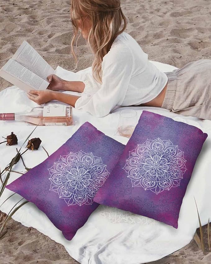 Outdoor Waterproof Throw Pillows Indian Mandala on Purple Patio Pillows Pack of 1,Decorative Pillow Covers with Insert,Pillow Cushion Case for Indoor Garden Couch Sofa Retro Flower Watercolor Art