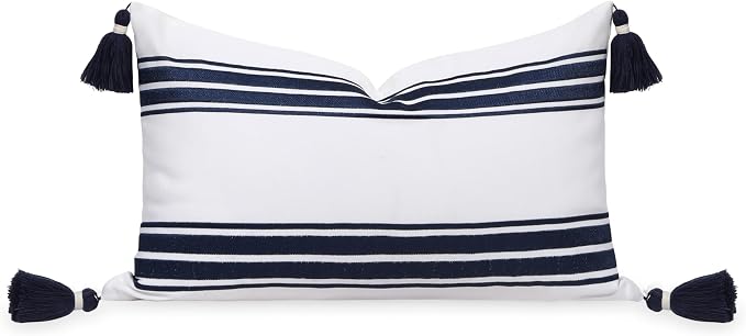 Hofdeco Premium Coastal Patio Indoor Outdoor Lumbar Pillow Cover Only, 12"x20" Water Repellent for Backyard, Couch, Navy Blue Embroidered Stripes with Tassels