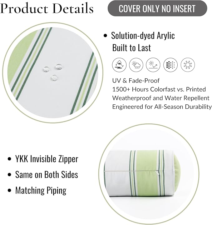Hofdeco Premium Coastal Hampton Outdoor Performance Bolster Pillow Cover Only, 6"x20" Water Repellent, UV and Fade Resistant for Backyard, Couch, Poolside, Grass Green Woven Harbor Stripes
