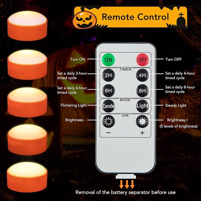 SOLLED 6-Pack Halloween LED Pumpkin Lights - Flickering Flameless Candles with Remote Control and Timer, Jack O' Lantern Lights Battery Operated for Halloween