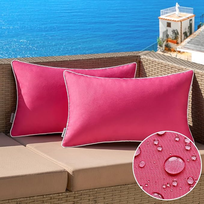 MIULEE Outdoor Waterproof Pillow Covers 12x20 Hot Pink Pack of 2 | Decorative Farmhouse Throw Pillow Covers with Piping,Square Solid Color,Patio Furniture,Summer Couch Tent Sofa Living Room