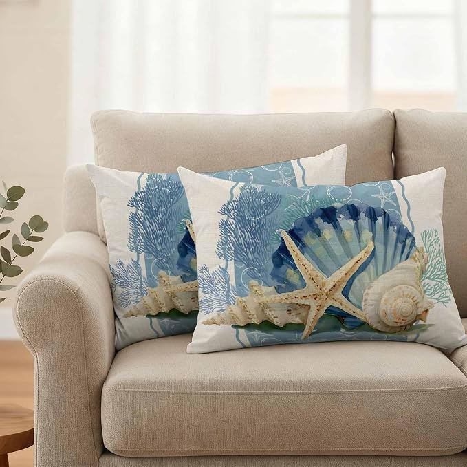 Coastal Oceans Waterproof Outdoor Pillow Covers Set of 2 Home Decor, Summer Beach Corals Shells Starfish Cotton Linen Pillowcase Patio Pillow Covers for Couch Bench Furniture Garden 20x12in