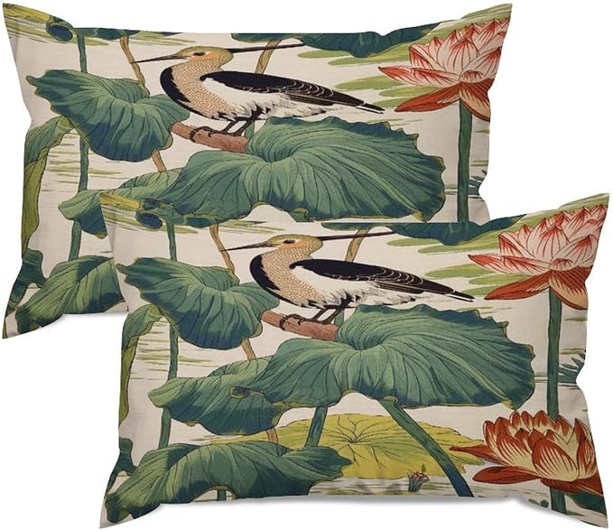 Set of 2 Chinese Pond Bird Decorative Throw Pillow Covers 12x18in Farmhouse Rectangle Accent Pillow Cases Cushion Cover Cases for Sofa Chair Bedroom Home Decor