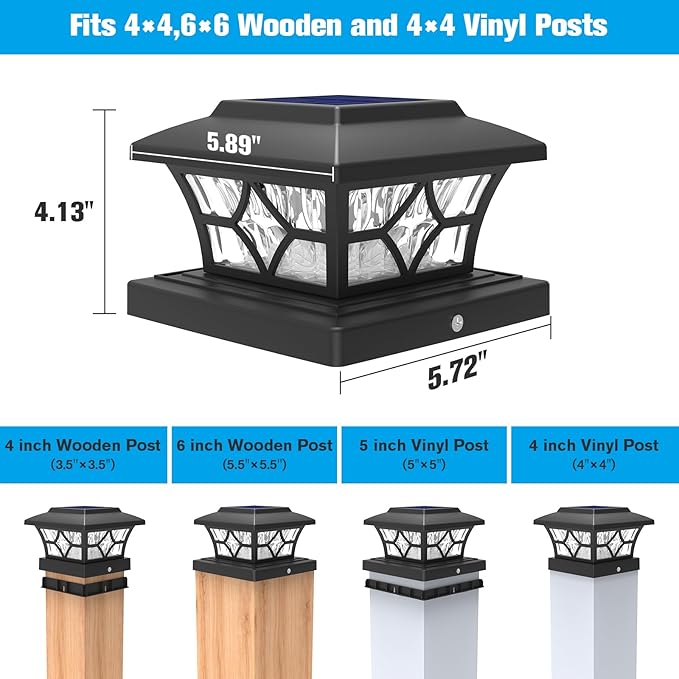 VOLISUN Solar Post Cap Lights Outdoor, Solar Powered Fence Cap Lights for 4x4 Vinyl/Wood, Black Waterproof Solar Deck Post Light 4Pack Cool/Warm for Garden Patio Porch