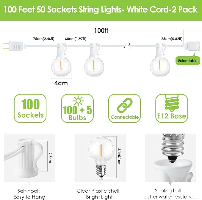 200Ft(2x100Ft) LED Outdoor String Lights, Dimmable G40 Globe Patio Lights with 100+5 2700K Waterproof Bulbs for Balcony-White Cord 2 Pack