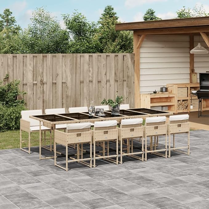 11 Piece Patio Dining Set with Cushions Beige Poly Rattan, Outdoor Rattan Dining Table for 10, Foldable Space-Saving Chairs with Removable Cushion Covers, UV-Proof Garden Furniture for Backyard Lawn