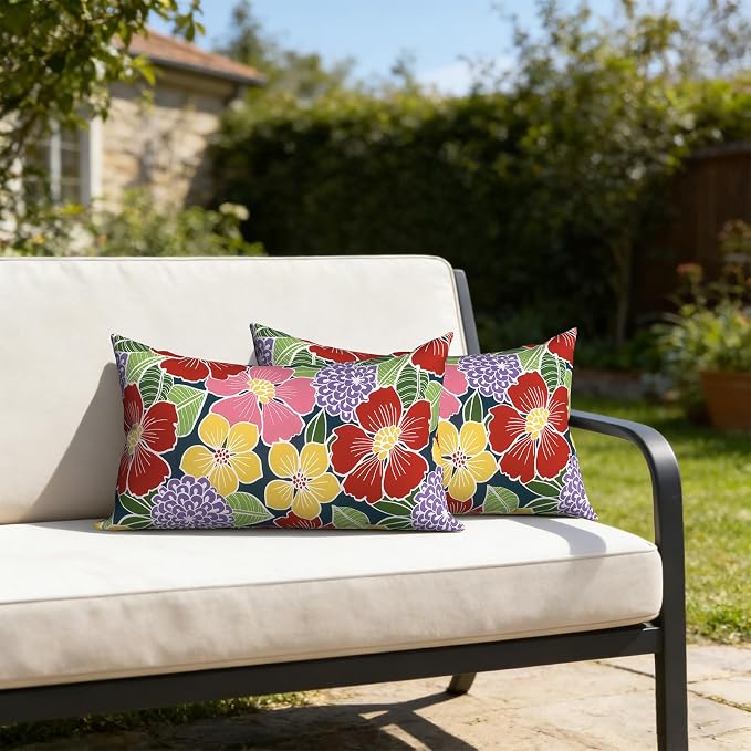12x20 Inch Lumbae Pillow Covers, Rectangle Waterproof Throw Covers Set of 2, Decorative Patio Furniture Cushion Cases for Porch Garden, Flower Bloom