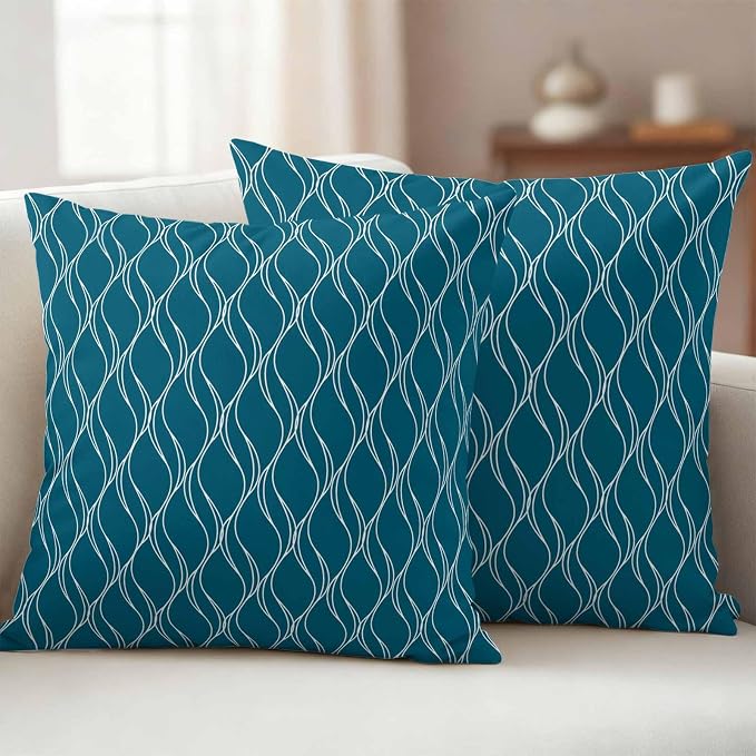 Teal Blue Stripes Outdoor Pillow Covers 20x20 Inch Throw Pillow Covers Set of 2 Waterproof Decorative Pillow Cases Simple Geometric Modern Monochrome Cushion Covers for Patio Furniture Garden Couch