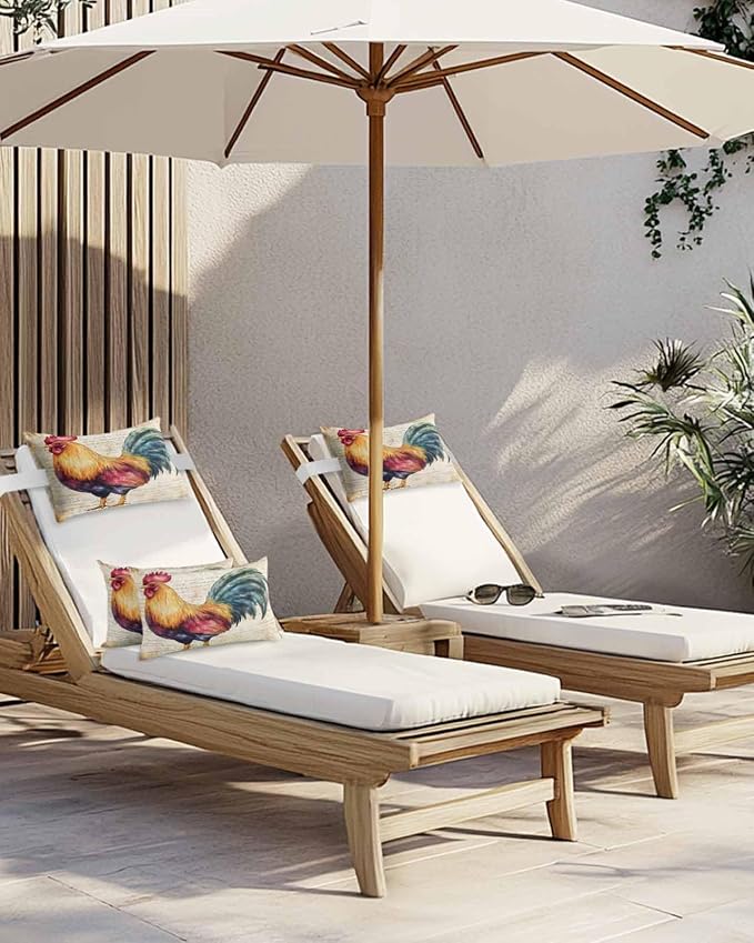 Pack of 2 Outdoor Lumbar Cushions with Inserts, Vintage Rooster Farm Animal Waterproof Fluffy Fade Body Pillows, Patio Furniture Pillow for Home Balcony Garden Decor 12x20IN