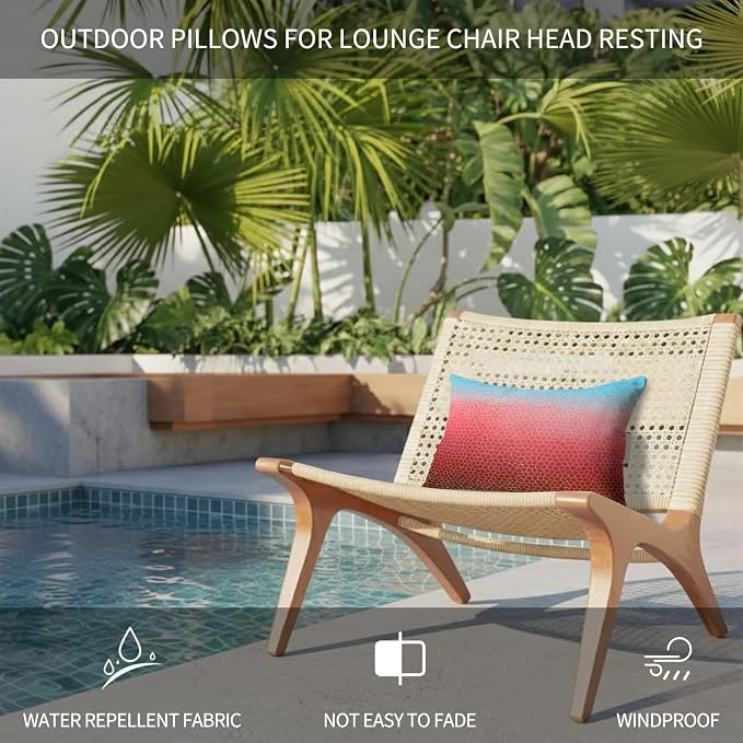 Chaise Lounge Headrest Pillow 1 Pack, Blue Red Ombre Waterproof Chair Pillows with Insert & Adjustable Elastic Strap for Beach Pool Recliner, Geometric Stained Glass Outdoor Patio Pillow