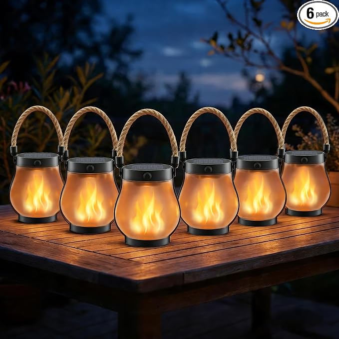 Solar Lanterns Outdoor Waterproof 6-Pack, Flickering Flame Effect | Rechargeable lanterns with USB-C charging, a decorative hanging design, and dusk-to-dawn use for patios, porches and gardens
