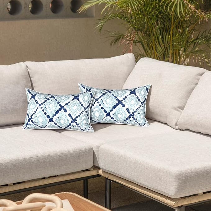 LVTXIII 2 Pack Outdoor Lumbar Pillows 12x20 Inch with White Piping, Fade Resistant Support Throw Pillows with Inserts for Patio Furniture, Sofa, Chair, Boho Geometry Blue