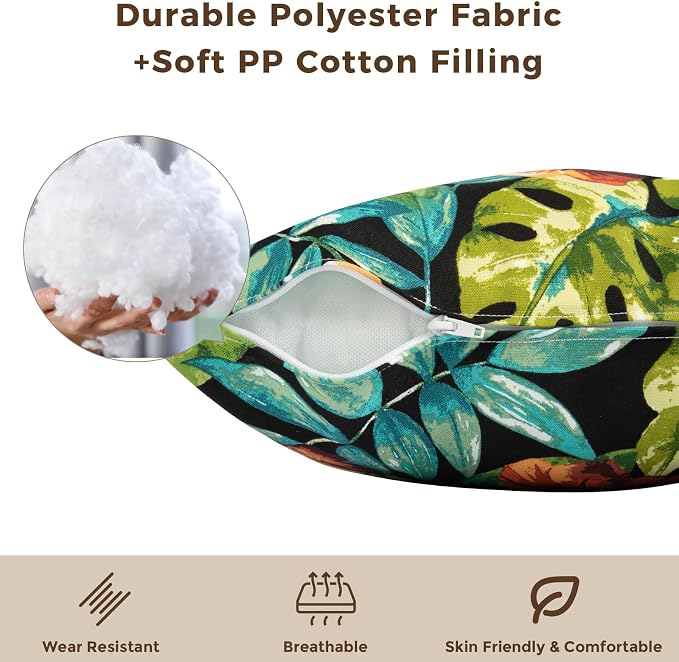 Throw Pillow with Insert, Set of 2, Outdoor Indoor Waterproof Decorative Patio Throw Pillow 18x18 Inch, Square Cushion for Couch Sofa Garden Farmhouse Decoration-Tropical Green Leaves