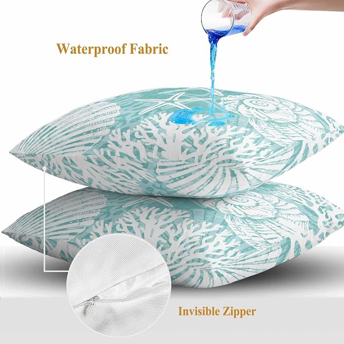 Outdoor Pillow Covers 16x16 Inch Set of 2, Teal Green Starfish Coastal Waterproof Throw Pillow Covers, Summer Coral Shell Beach Nautical Decorative Cushion Pillowcases for Couch Sofa Bed Garden Patio