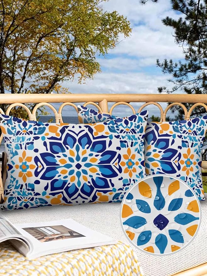 Outdoor Waterproof Pillow Covers Abstract Blue Yellow Flowers Set of 2 Decorative Outdoor Pillowcases Vintage Art Cushion Cases for Patio Funiture Garden Couch Bench 12 x 20 Inches