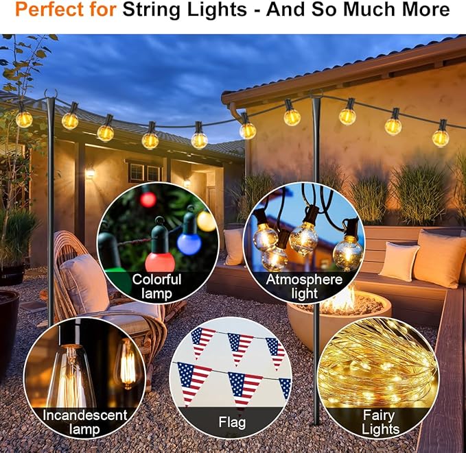 2 Pack Heavy-Duty String Light Poles for Outside with Fork, Adjustable Lighting Hanging Post Accessories for Patio Furniture Set Patio Decor Outdoor Decor Backyard Yard Pergola Garden Decorations