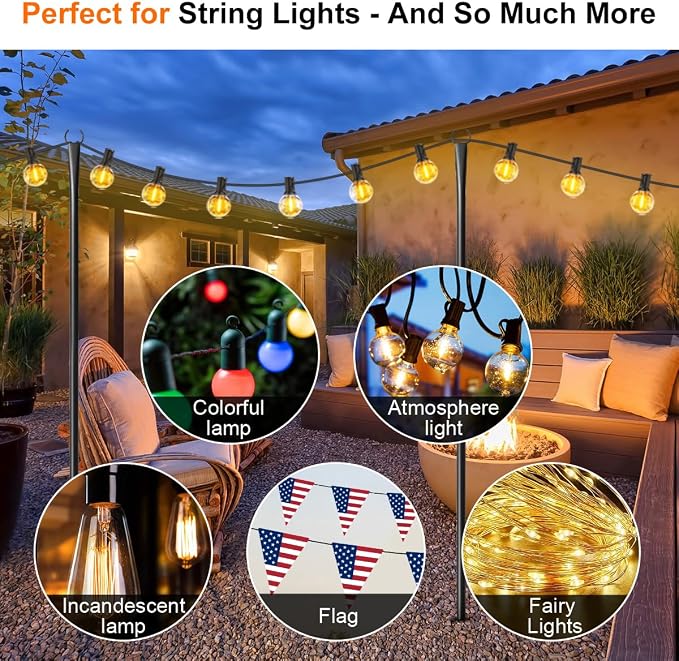 4 Pack String Light Poles for Outside, Upgraded Heavy-Duty Metal Light Poles for Outdoor String Lights with Fork, Adjustable Lighting Accessories for Patio Decor Backyard Pergola Garden Decorations