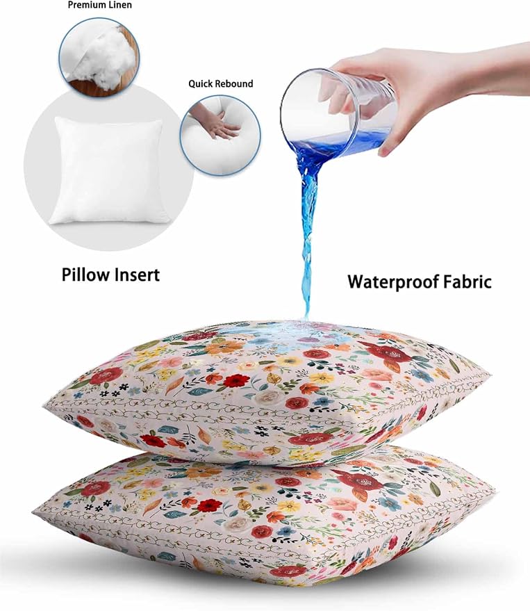 Outdoor Waterproof Throw Pillows Watercolor Leaf Colorful Bloom Floral Patio Pillows Pack of 2,Decorative Pillow Covers with Insert,Pillow Cushion Case for Garden Couch Sofa Vintage Country on Pink