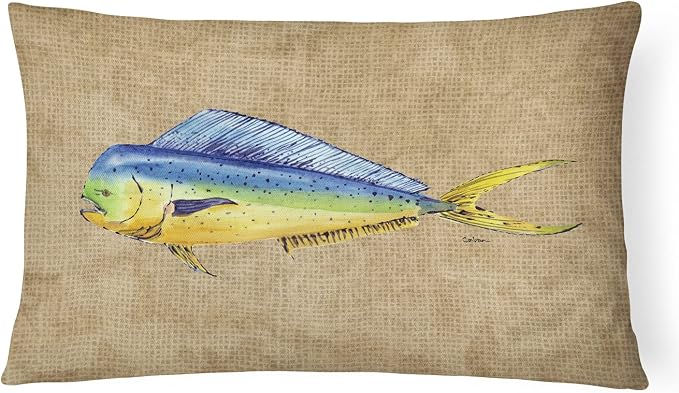 Caroline's Treasures 8810PW1216 Dolphin Mahi Mahi Canvas Fabric Decorative Pillow Machine Washable, Indoor Outdoor Decorative Pillow for Couch, Bed or Patio, 12HX16W