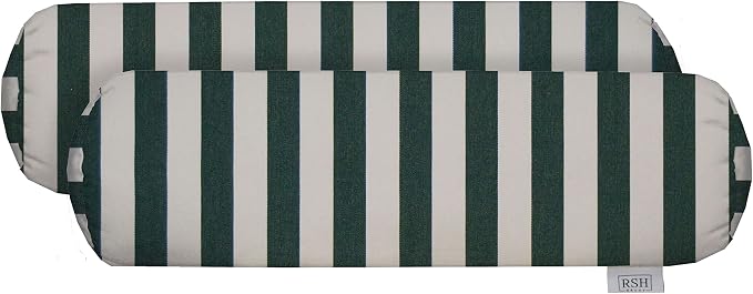 RSH Décor Sunbrella Neck Roll Pillows – Set of 2 | 20” x 6” | Outdoor Bolster for Patio, Deck, Porch, or Poolside Furniture | Water & Fade-Resistant | Mason Forest Green | Green & White Stripe