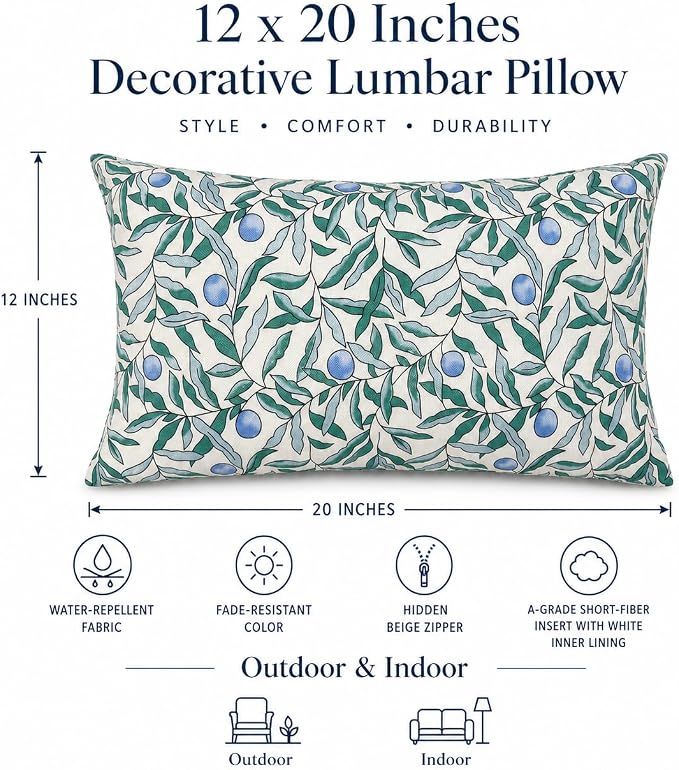 Pack of 2 Patio Lumbar Pillows 12"x20" | Fade Resistant Outdoor Waterproof Lumbar Pillow with Inners Decorative Garden Lumbar Cushions for Home Patio Terrace Sofa