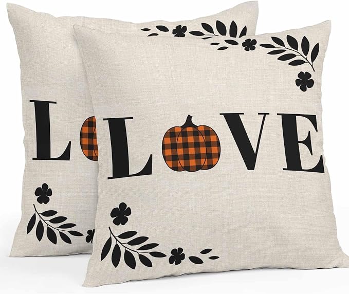 Orange Pumpkin Outdoor Waterproof Pillow Covers, Fall Leaves Love Heart Beige Pastoral Decorative Square Throw Pillowcase Sofa Cushion Sham for Patio/Couch/Chair, 26"x26" 2 Pack