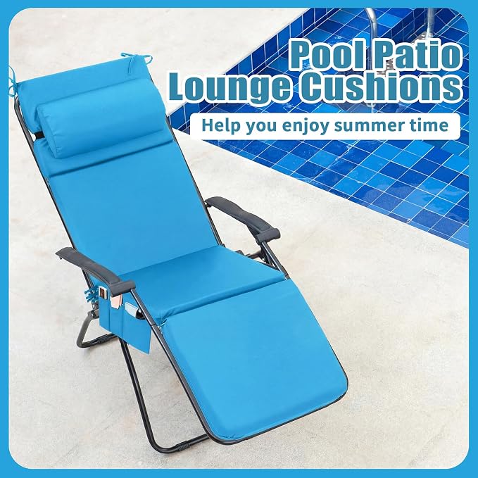 RattanView 2 Pcs Outdoor Chaise Lounge Cushion with Pillow and Side Pockets Waterproof Lounge Chair Cushions for Outdoor Furniture Patio Lounger Pad for Outside Pool Lawn (Lake Blue,80 x 26 x 4)